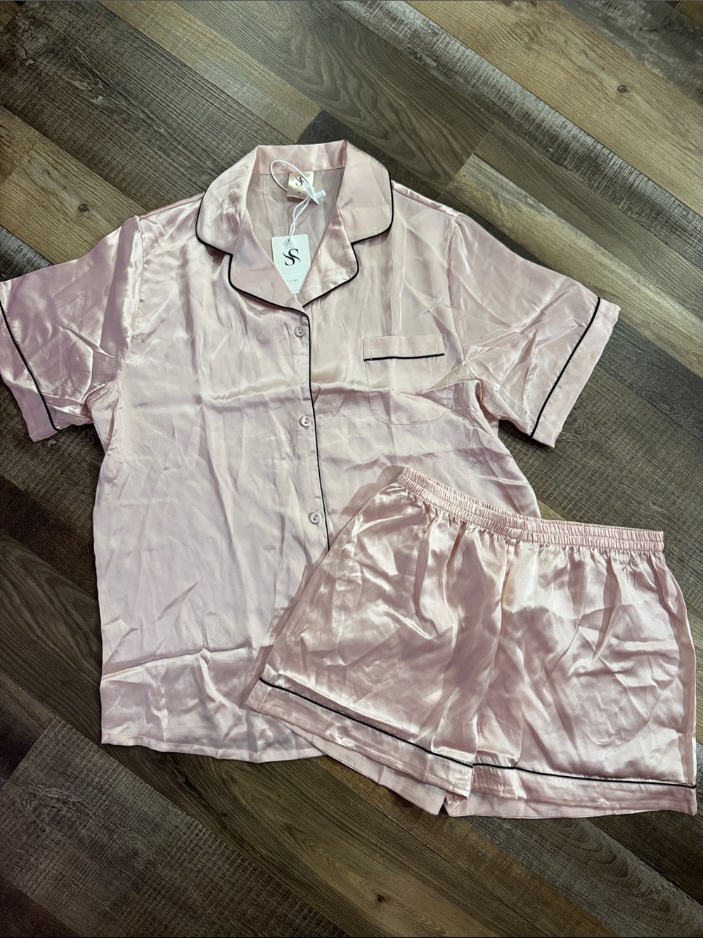 Short Sleeve Silk Pajama Set in Blush Pink with Contrast Piping